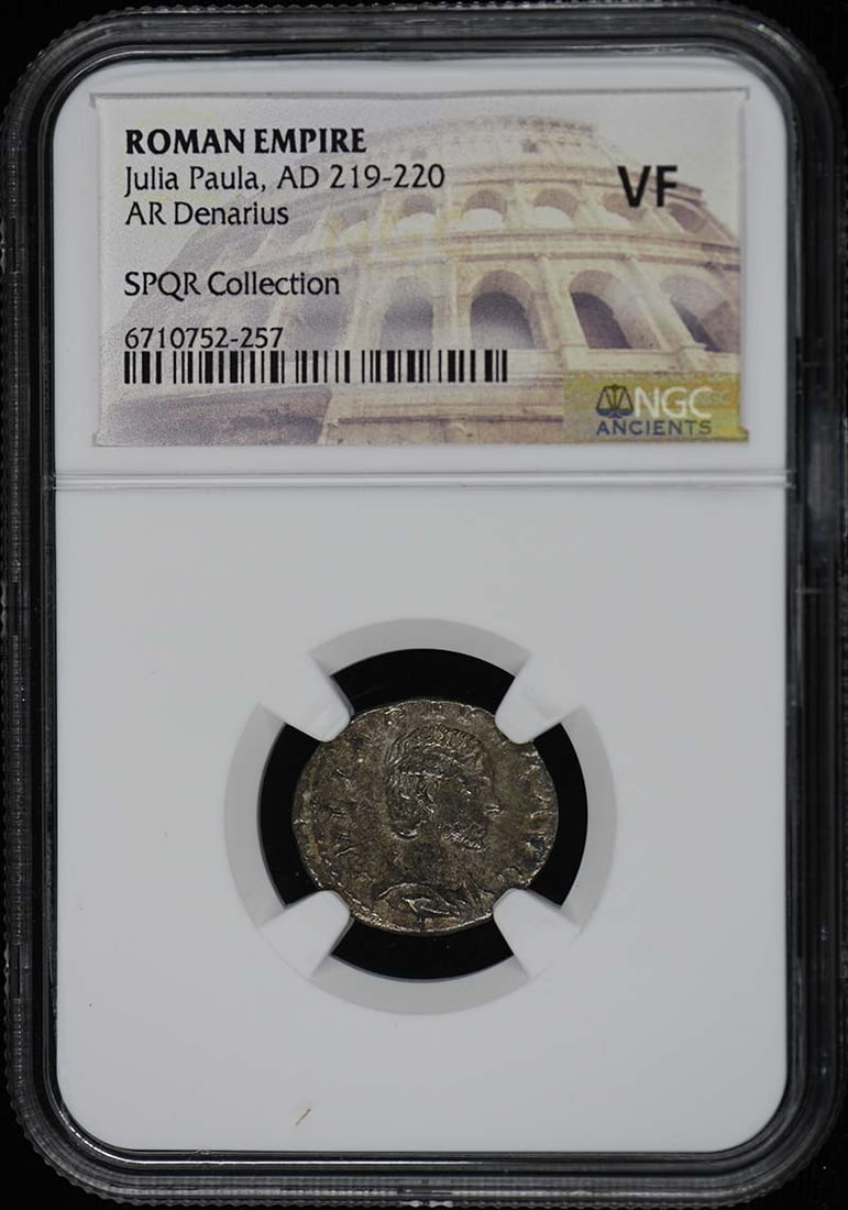 Julia Paula AD 219-220 NGC VF20 Ancient Roman AR Denarius: Julia Paula AD 219-220 NGC VF20 Ancient Roman AR Denarius This Ancient Roman AR Denarius features Julia Paula, minted during the Roman Empire period of AD 219-220. Certified by NGC with a grade of VF2