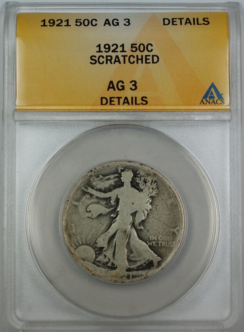 1921 Liberty Walking Half Dollar ANACS AG-3 Silver Philadelphia Scratched: 1921 Liberty Walking Half Dollar ANACS AG-3 Silver Philadelphia Scratched This 1921 Walking Liberty Half Dollar was minted in Philadelphia and is composed of 90% silver. Certified by ANACS with a grad