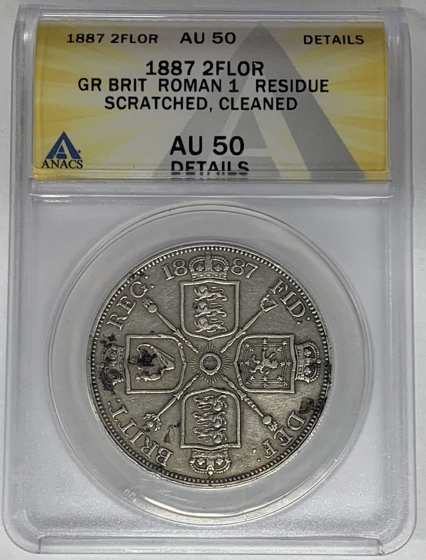 1887 Two Shillings Florin Coin ANACS AU 50 Certified United Kingdom: 1887 Two Shillings Florin Coin ANACS AU 50 Certified United Kingdom This 1887 Great Britain Roman 2 Florin coin has been certified by ANACS with a grade of AU 50. It features a denomination of Two Shi