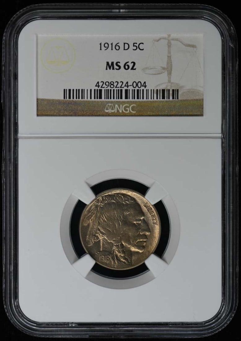 NGC MS62 Graded 1916 Denver Mint Buffalo Nickel Five Cent Coin: NGC MS62 Graded 1916 Denver Mint Buffalo Nickel Five Cent Coin This 1916-D Buffalo Nickel Type 2 5C is certified by NGC with a grade of MS62. Struck at the Denver Mint, this uncirculated coin features