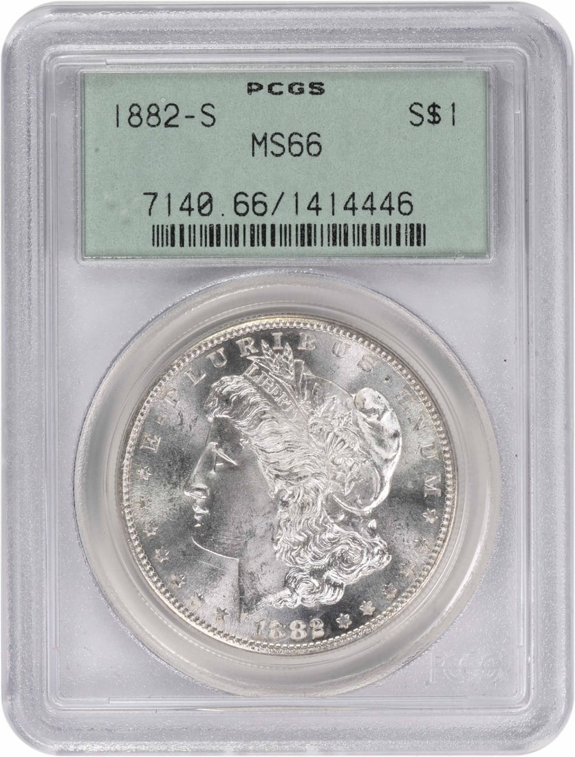 1882-S Morgan Silver Dollar Uncirculated MS66 PCGS: 1882-S Morgan Silver Dollar Uncirculated MS66 PCGS This 1882-S Morgan Silver Dollar is a remarkable collectible coin featuring the iconic design by George T. Morgan. Struck in 90% silver and 10% coppe