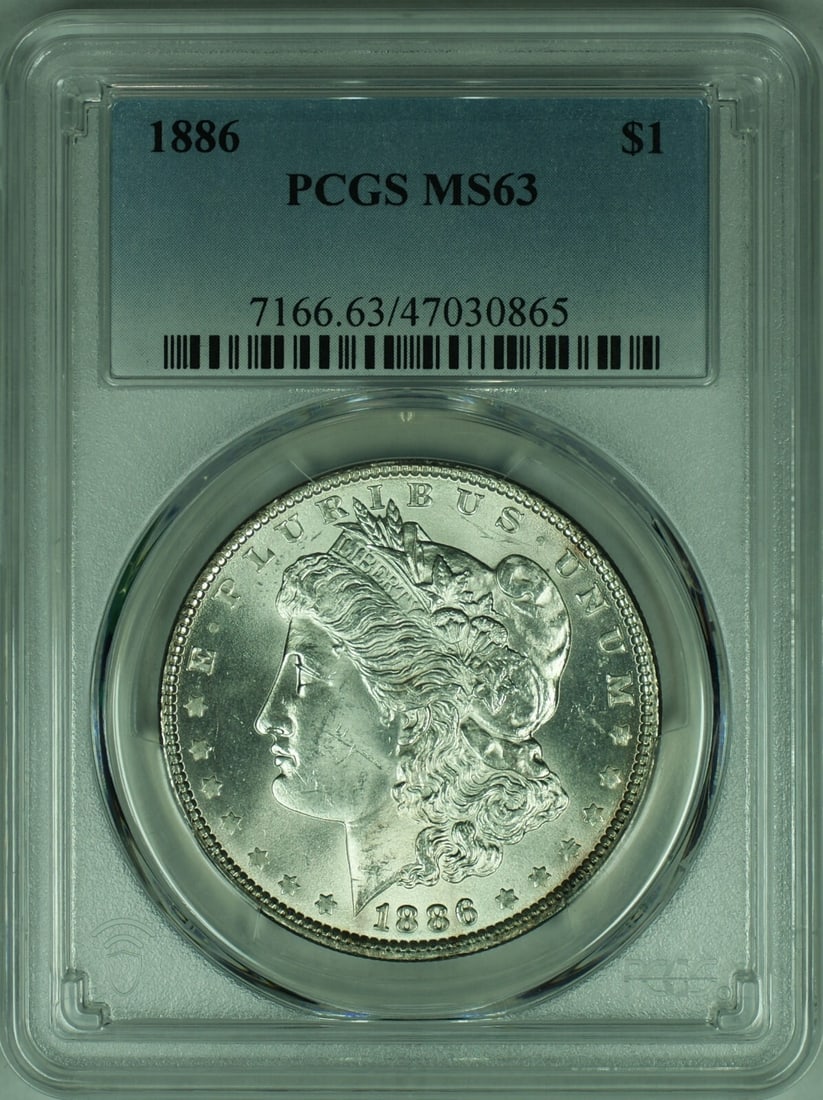 PCGS MS-63 1886 Morgan Silver Dollar Philadelphia Mint: PCGS MS-63 1886 Morgan Silver Dollar Philadelphia Mint This 1886 Morgan Silver Dollar coin is graded MS-63 by PCGS. Struck in Philadelphia, it is composed of 90% silver and remains uncirculated, offer