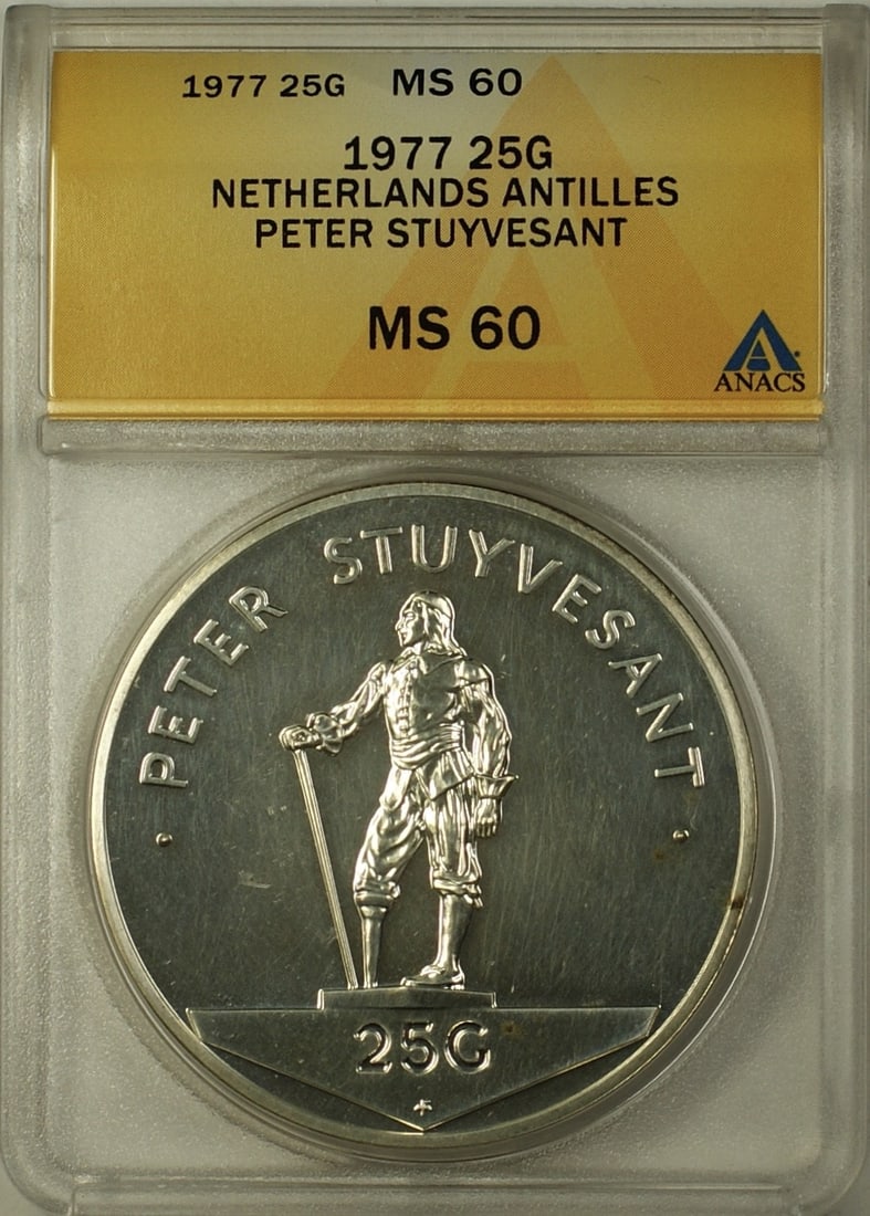 Netherlands Antilles 25 Gulden 1977 Silver ANACS MS-60 Peter Stuyvesant Coin: Netherlands Antilles 25 Gulden 1977 Silver ANACS MS-60 Peter Stuyvesant Coin This 1977 Netherlands Antilles 25 Gulden silver coin features Peter Stuyvesant and is certified by ANACS with a grade of MS