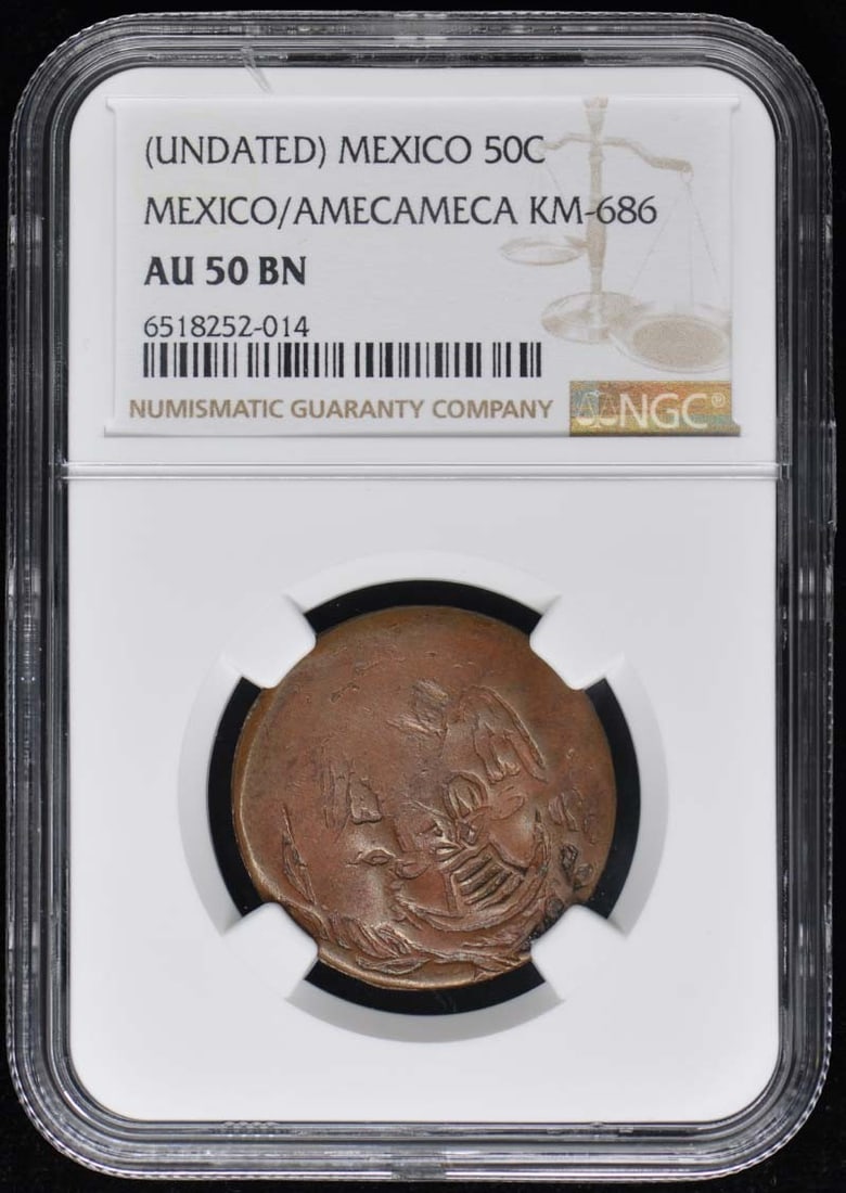 Mexico Revolution 50 C Centavos Amecameca KM-686 NGC AU50 Coin: Mexico Revolution 50 C Centavos Amecameca KM-686 NGC AU50 Coin This item is a circulated 50 centavos coin from the Mexico Revolution, designated KM-686. It has been certified by NGC with a grade of AU