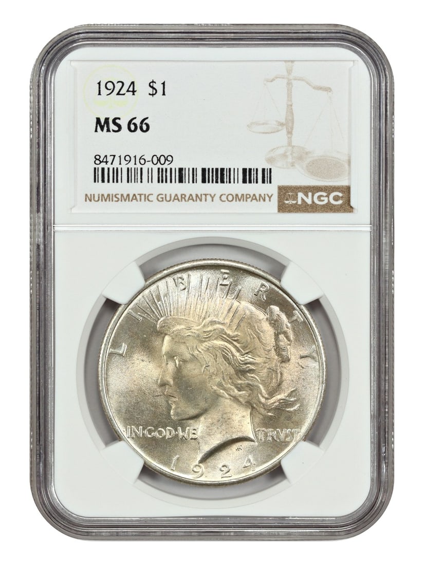 1924 Peace Dollar NGC MS66 Uncirculated Philadelphia Mint: 1924 Peace Dollar NGC MS66 Uncirculated Philadelphia Mint This 1924 Peace Dollar, certified by NGC with a grade of MS66, showcases exceptional quality and detail. As an uncirculated coin, it highlight