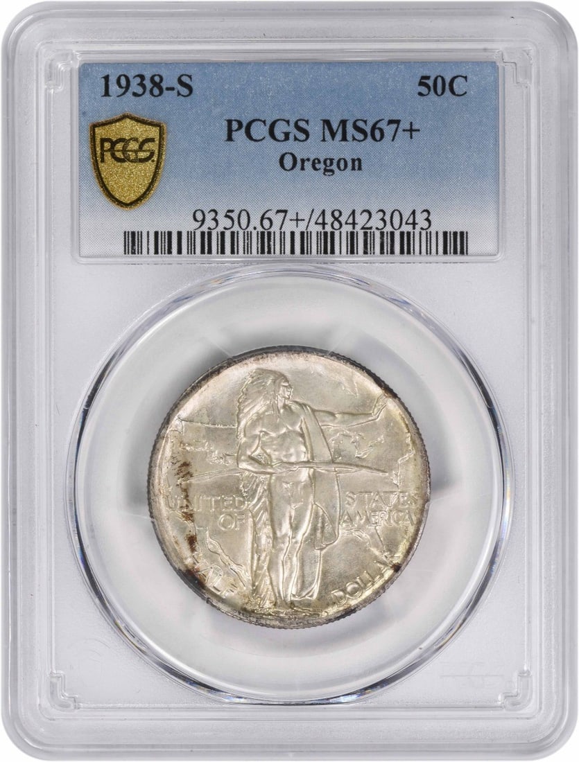 1938-S Oregon Commemorative Silver Half Dollar MS67 PCGS Certified: 1938-S Oregon Commemorative Silver Half Dollar MS67 PCGS Certified Celebrate history with this Oregon Commemorative Silver Half Dollar from 1938, featuring a high-grade MS67+ certification by PCGS. Th