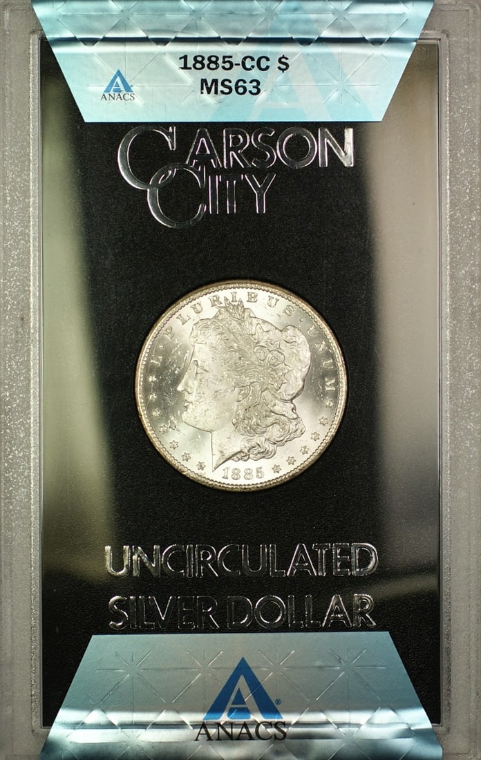 1885 Carson City Morgan Dollar ANACS MS-63 GSA Hoard Silver Coin Box COA: 1885 Carson City Morgan Dollar ANACS MS-63 GSA Hoard Silver Coin Box COA This 1885-CC GSA Hoard Morgan Silver Dollar is graded MS-63 by ANACS and features the Carson City mint mark. The coin is uncirc