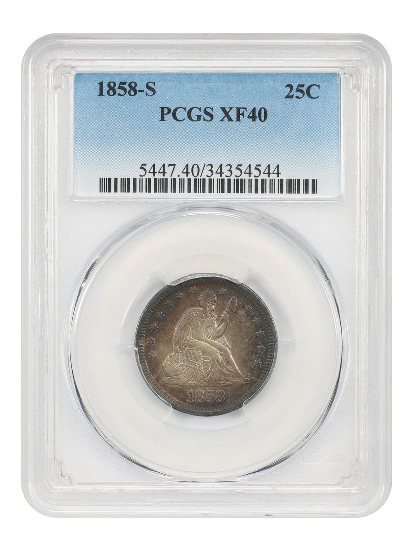 PCGS XF40 1858 San Francisco Mint Liberty Seated 25 Cent Piece: PCGS XF40 1858 San Francisco Mint Liberty Seated 25 Cent Piece This 1858-S Liberty Seated Quarter is a circulated coin graded XF40 by PCGS. Struck in San Francisco, it is part of a very limited mintag