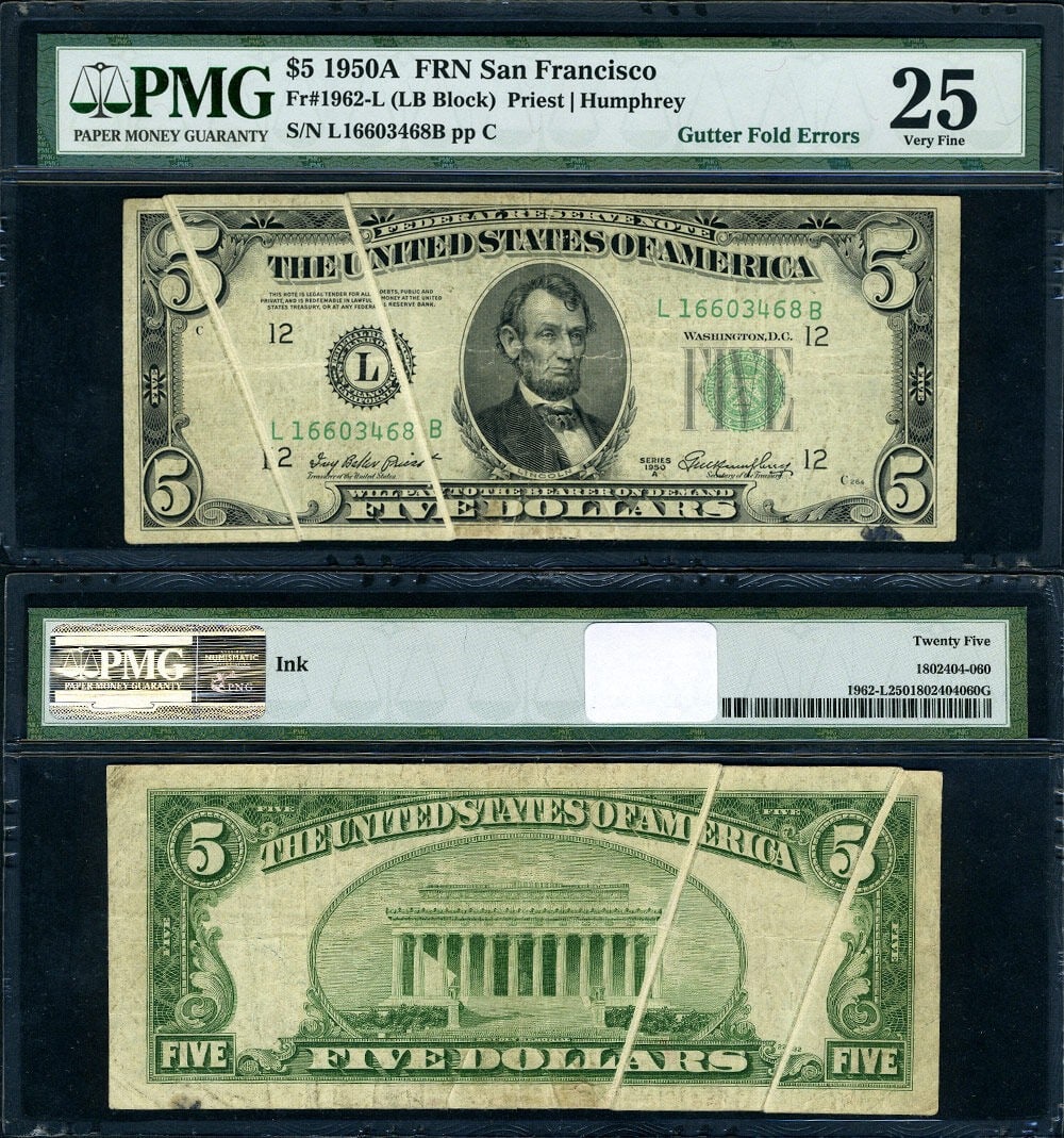 1950-A $5 Federal Reserve Note Gutterfold Error PMG VF25: 1950-A $5 Federal Reserve Note Gutterfold Error PMG VF25 This $5 Federal Reserve Note from the 1950-A series features a notable gutterfold error, with two prominent gutterfolds affecting all three pri