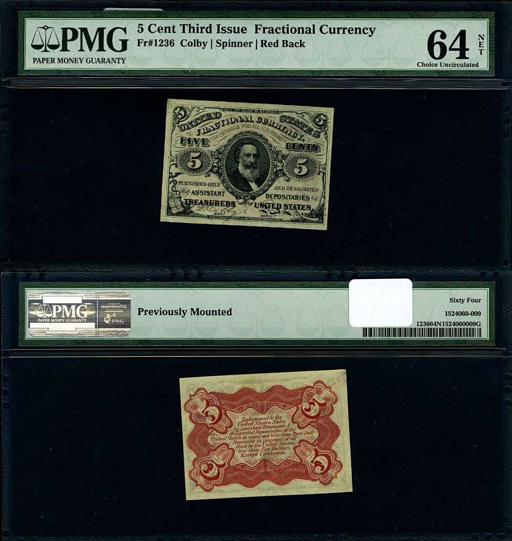 FR. 1236 5c 3rd Issue Fractional Note PMG CU64 NET Red Back: FR. 1236 5c 3rd Issue Fractional Note PMG CU64 NET Red Back This is a Choice PMG CU64 NET graded 5 cent Fractional Note from the 3rd Issue, designated as FR. 1236. The note features a striking red bac