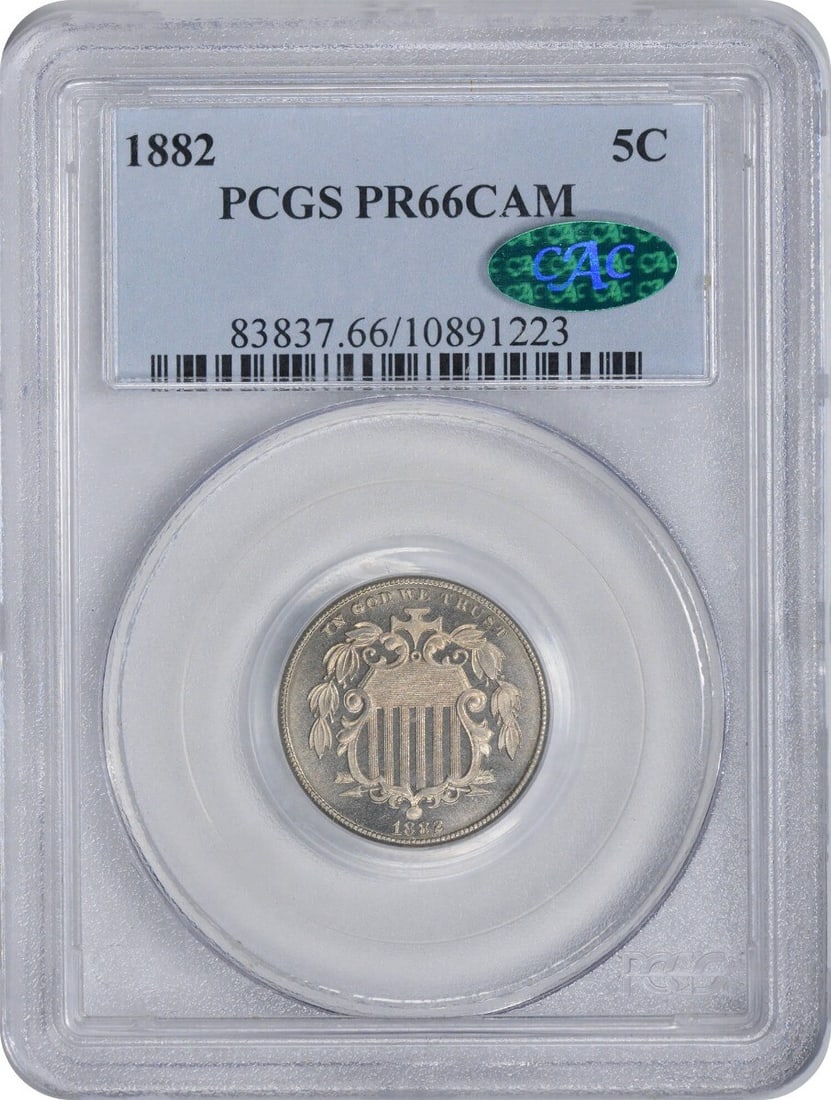 1882 Shield Nickel PR66CAM PCGS Certified Limited Mintage 3100: 1882 Shield Nickel PR66CAM PCGS Certified Limited Mintage 3100 This 1882 Shield Nickel is a stunning example of numismatic craftsmanship, boasting a PR66CAM grade from PCGS and a CAC certification. Th
