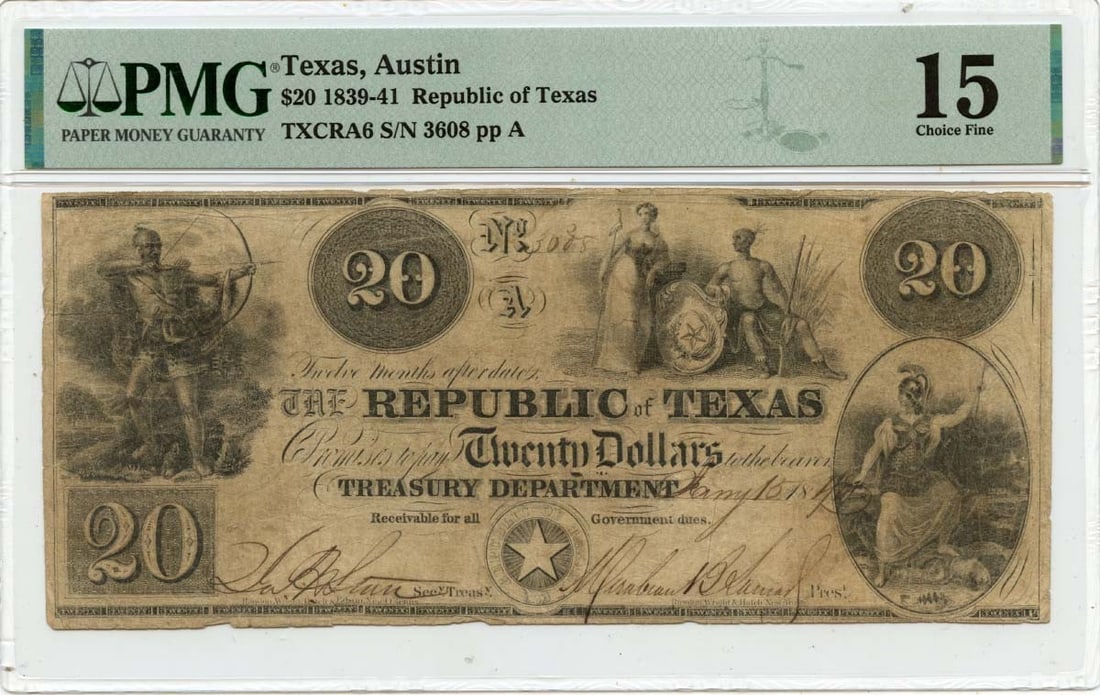 1839-41 $20 Republic of Texas Obsolete Note PMG F15 (1 of 2)