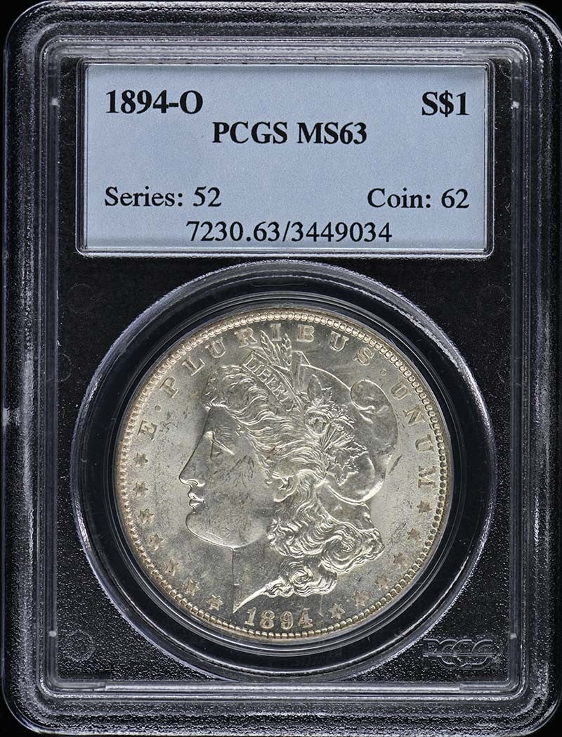 1894-O Morgan Dollar PCGS MS63 Uncirculated Coin: 1894-O Morgan Dollar PCGS MS63 Uncirculated Coin This 1894-O $1 Morgan Dollar is certified by PCGS with a grade of MS63, indicating it is in uncirculated condition. Minted in New Orleans, this coin sh