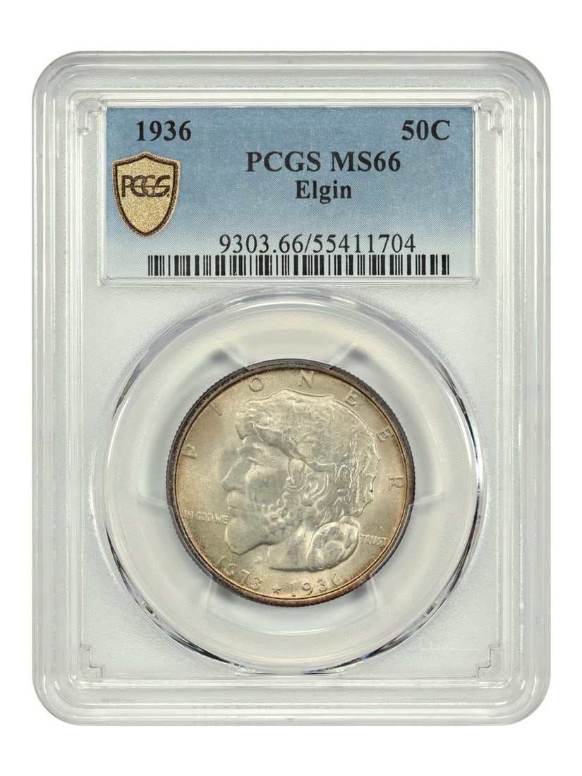 1936 50C Elgin Commemorative Coin PCGS MS66 Uncirculated: 1936 50C Elgin Commemorative Coin PCGS MS66 Uncirculated This 1936 50C Elgin coin is a stunning piece of history, certified by PCGS with a grade of MS66. Issued to commemorate the 100th anniversary of