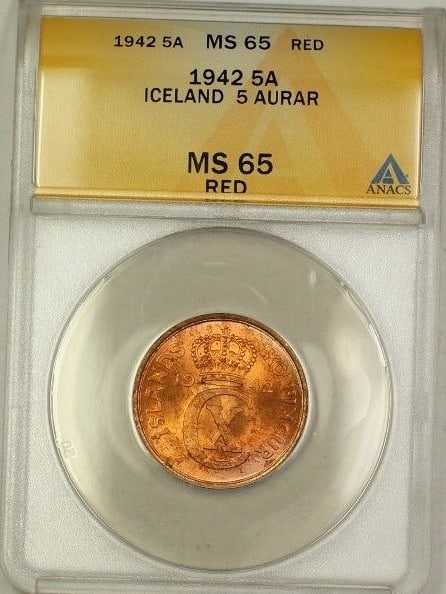 1942 Iceland Five Aurar Copper Coin ANACS MS 65 Uncirculated: 1942 Iceland Five Aurar Copper Coin ANACS MS 65 Uncirculated This 1942 Iceland 5A Five Aurar coin is composed of copper and has been certified by ANACS with a grade of MS-65 Red GEM BU. It is an uncir
