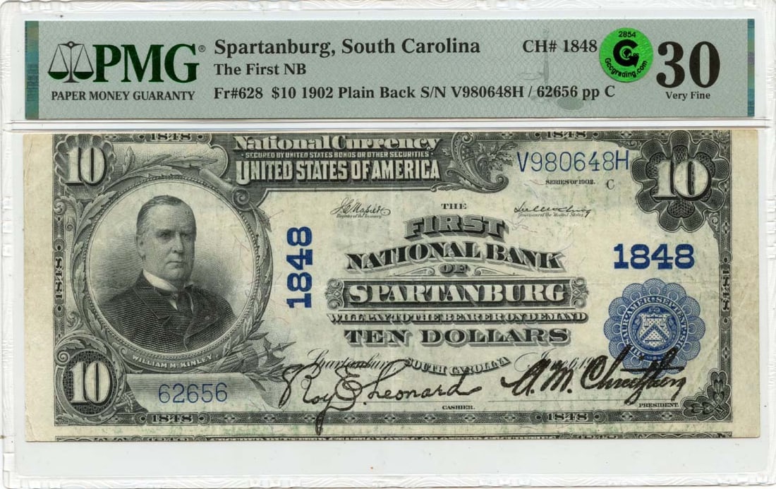 1902 $10 First National Bank Spartanburg SC PMG VF30 Note: 1902 $10 First National Bank Spartanburg SC PMG VF30 Note This is a 1902 $10 note from The First National Bank of Spartanburg, SC, graded by PMG as VF30. It is a circulated piece, showcasing historica