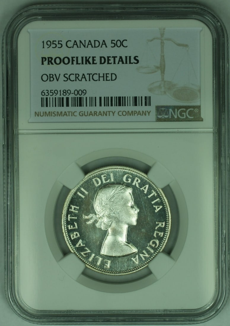 NGC Certified 1955 Canada 50 Cent Prooflike Coin With Obverse Scratch: NGC Certified 1955 Canada 50 Cent Prooflike Coin With Obverse Scratch This is a 1955 Canada 50 cent coin graded as Prooflike Details by NGC. The coin features an 80% fineness and has an obverse that i