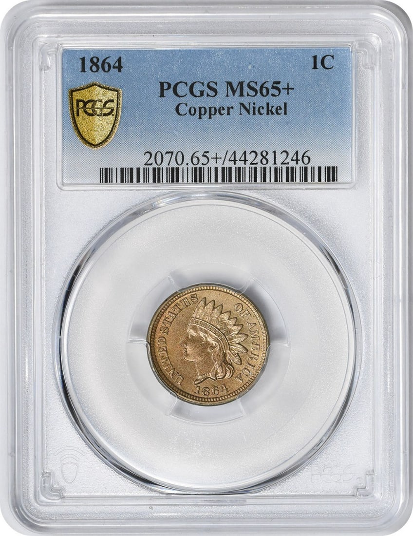 PCGS MS65 Indian Head Small Cent Copper 1864 Uncirculated Coin: PCGS MS65 Indian Head Small Cent Copper 1864 Uncirculated Coin This is an 1864 Indian Head Cent composed of copper, graded MS65+ by PCGS. The coin is uncirculated and was minted in the United States w