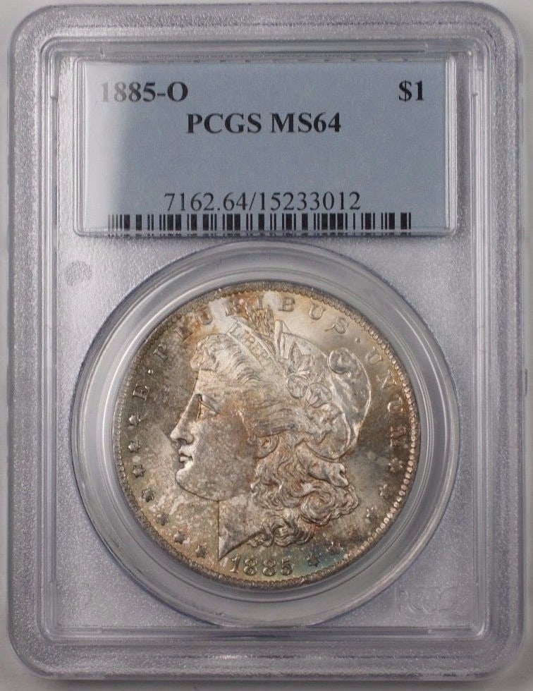 PCGS MS-64 1885-O Morgan Silver Dollar Toned Uncirculated US Coin: PCGS MS-64 1885-O Morgan Silver Dollar Toned Uncirculated US Coin This 1885-O Morgan Silver Dollar is an uncirculated coin certified by PCGS with a grade of MS-64. Minted in New Orleans, it features a