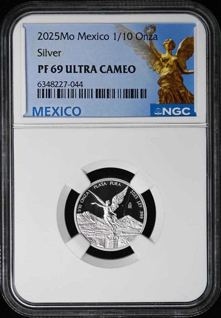 2025 Mexico 1/10 Onza Silver Libertad NGC PF69 Ultra Cameo 1500 Minted: 2025 Mexico 1/10 Onza Silver Libertad NGC PF69 Ultra Cameo 1500 Minted This 2025 Mo Mexico 1/10 Onza Libertad silver coin is graded PF69 Ultra Cameo by NGC, indicating a high-quality, un-used piece wi