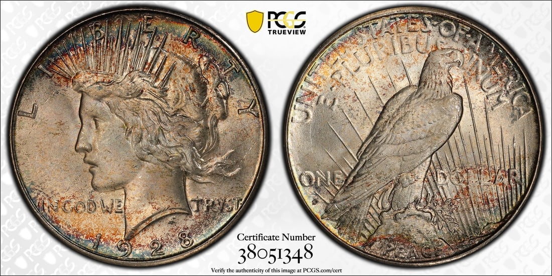 1928-S Peace Silver Dollar MS64+ CAC Certified Stunning Color: 1928-S Peace Silver Dollar MS64+ CAC Certified Stunning Color This 1928-S Peace Silver Dollar is a remarkable piece featuring a stunning finish and is graded MS64+ by PCGS, with a CAC certification. T