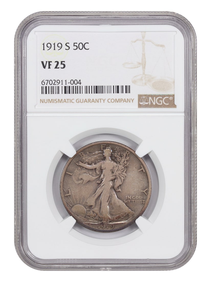 1919-S Walking Liberty Half Dollar NGC VF25 Early Date Fifty Cent Coin: 1919-S Walking Liberty Half Dollar NGC VF25 Early Date Fifty Cent Coin This 1919-S Walking Liberty Half Dollar is a circulated coin certified by NGC with a grade of VF25. Minted in San Francisco, it i