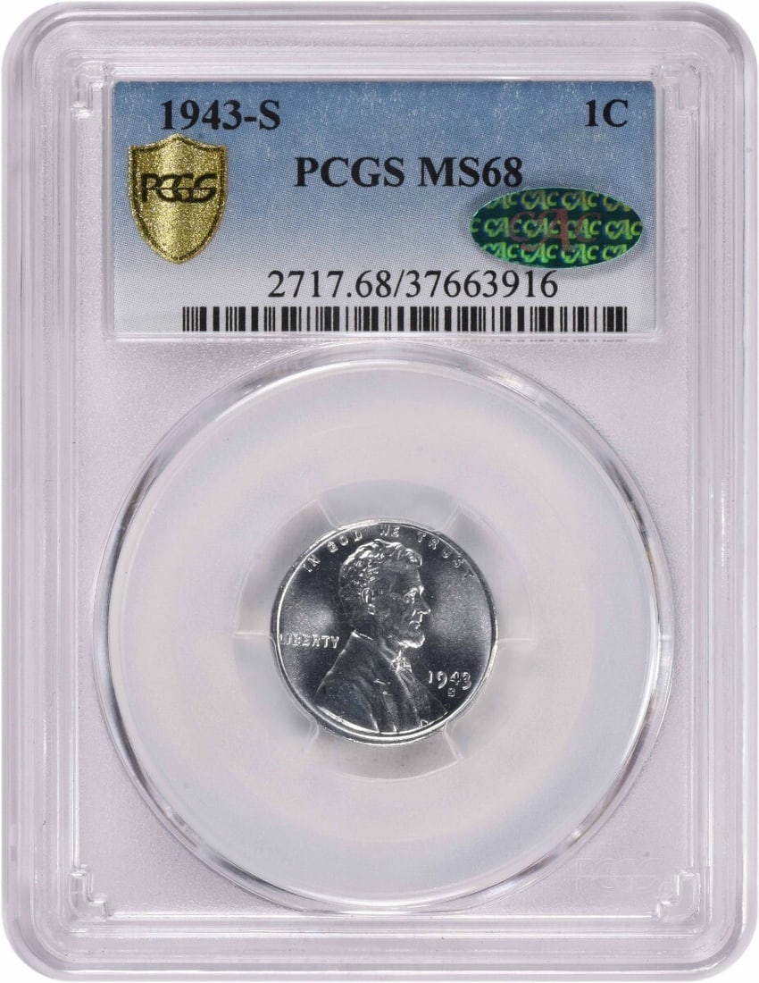 1943-S Steel Lincoln Cent MS68 PCGS Certified Uncirculated: 1943-S Steel Lincoln Cent MS68 PCGS Certified Uncirculated This 1943-S Steel Lincoln Cent is graded MS68 by PCGS, indicating an exceptional level of quality for this coin. It features the iconic Linco