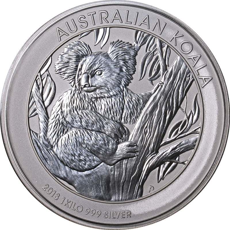 1 Kilo 2013 Koala Silver Coin Australia 30 Dollar .9999 Fine: 1 Kilo 2013 Koala Silver Coin Australia 30 Dollar .9999 Fine This 2013 Australian Silver Koala coin has a face value of 30 Dollars and is struck from 1 kilo (32.15 troy ounces) of .9999 fine silver. T