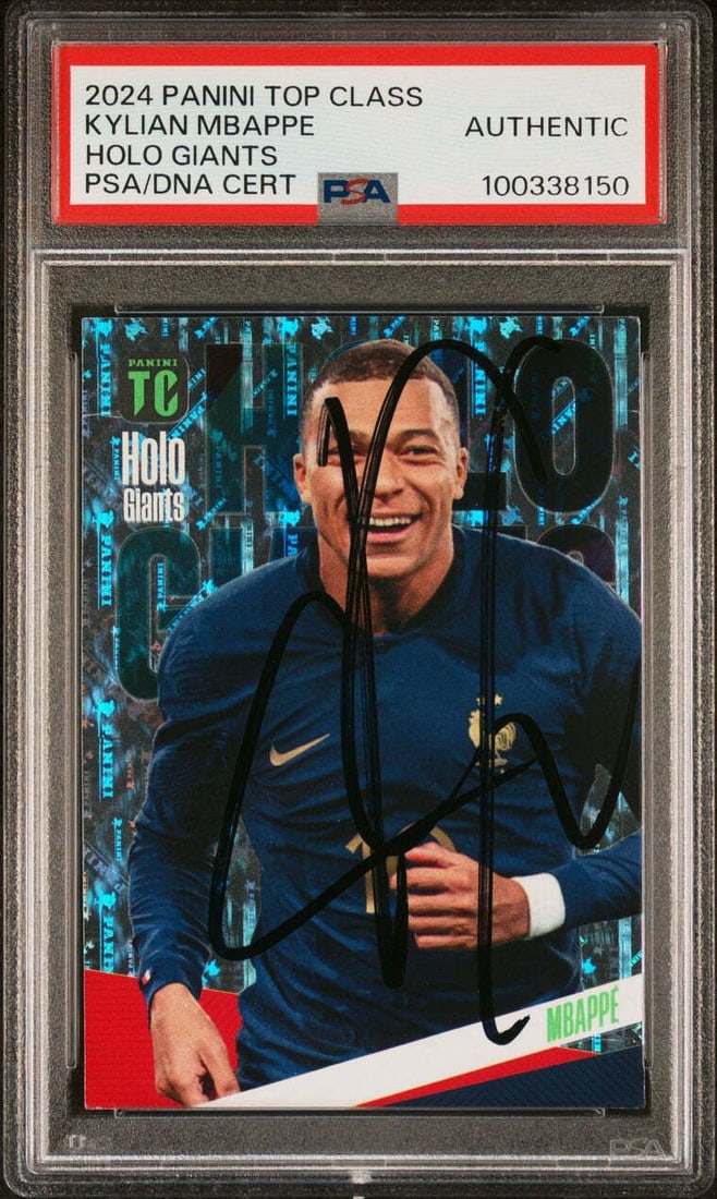2024 Panini Top Class Holo Giants Kylian Mbappe Signed Card PSA Real Madrid: 2024 Panini Top Class Holo Giants Kylian Mbappe Signed Card PSA Real Madrid Own a piece of soccer history with this 2024 Panini Top Class Holo Giants card featuring the signature of Kylian Mbappe, a s