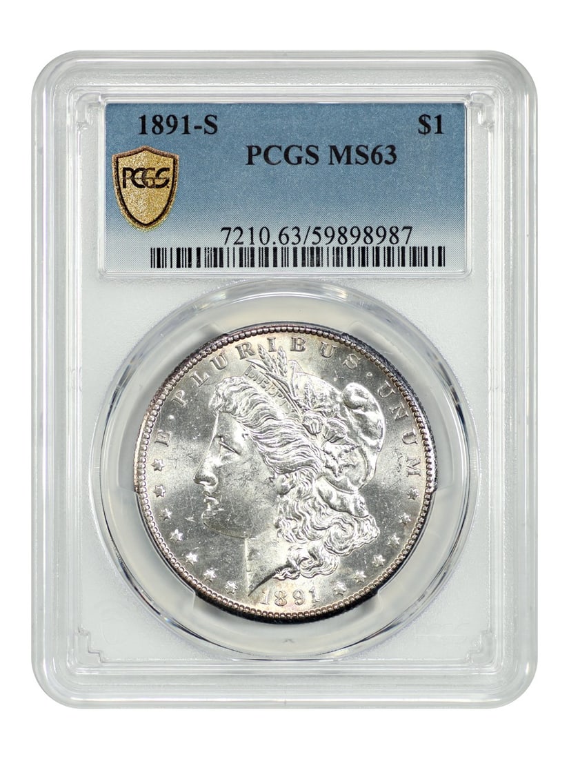 PCGS MS63 1891 San Francisco Morgan Silver Dollar $1 Coin: PCGS MS63 1891 San Francisco Morgan Silver Dollar $1 Coin This is an 1891-S Morgan Dollar graded MS63 by PCGS. The coin is uncirculated and was minted in San Francisco. It is part of the Morgan Dollar