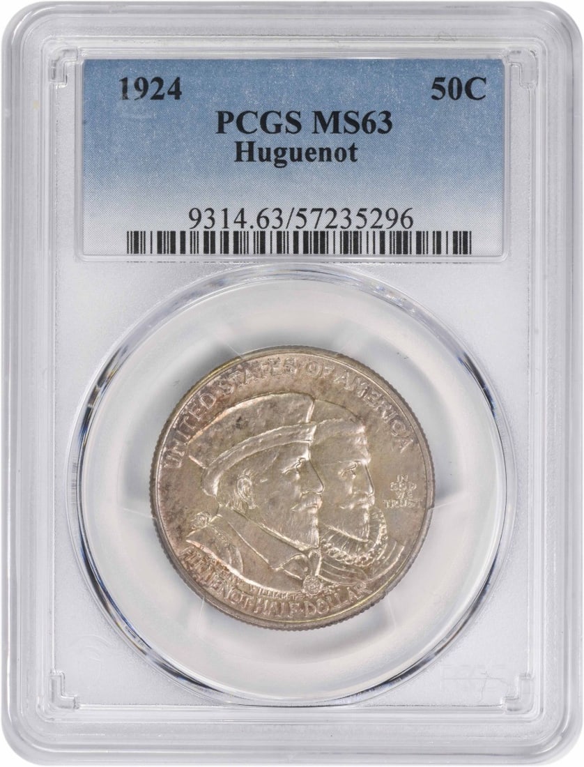 1924 Huguenot Commemorative Half Dollar MS63 PCGS 90% Silver: 1924 Huguenot Commemorative Half Dollar MS63 PCGS 90% Silver This 1924 Huguenot Commemorative Silver Half Dollar, certified by PCGS with a grade of MS63, showcases the remarkable artistry of designer
