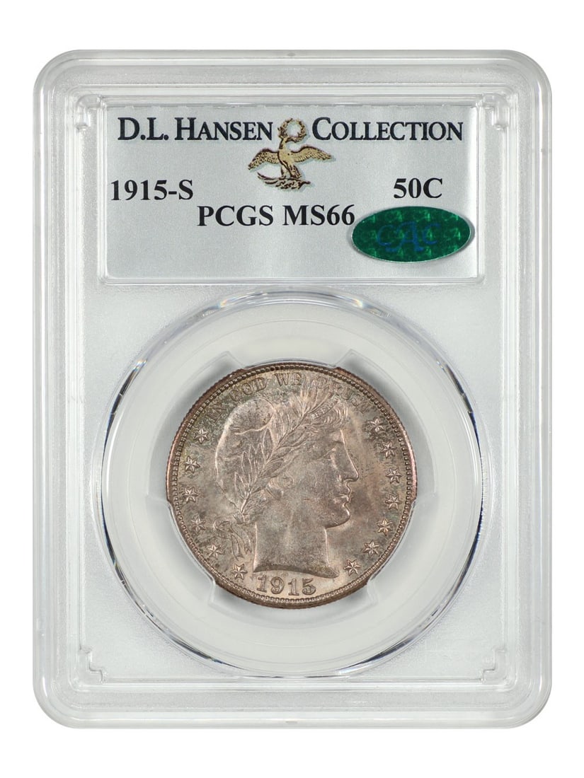 1915-S Barber Half Dollar PCGS MS66 CAC D.L. Hansen: 1915-S Barber Half Dollar PCGS MS66 CAC D.L. Hansen This exquisite 1915-S Barber Half Dollar, graded MS66 by PCGS and certified by CAC, showcases outstanding luster and deep toning, making it a remark
