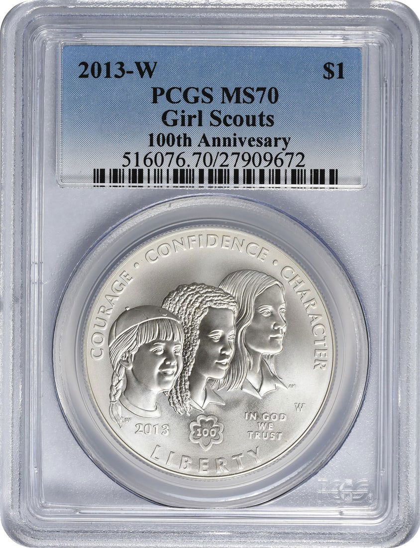 PCGS MS70 2013 W Silver Dollar Girl Scouts Commemorative Coin: PCGS MS70 2013 W Silver Dollar Girl Scouts Commemorative Coin This 2013-W Girl Scouts Commemorative Silver Dollar is a certified uncirculated coin graded MS70 by PCGS. Crafted from silver, this commem
