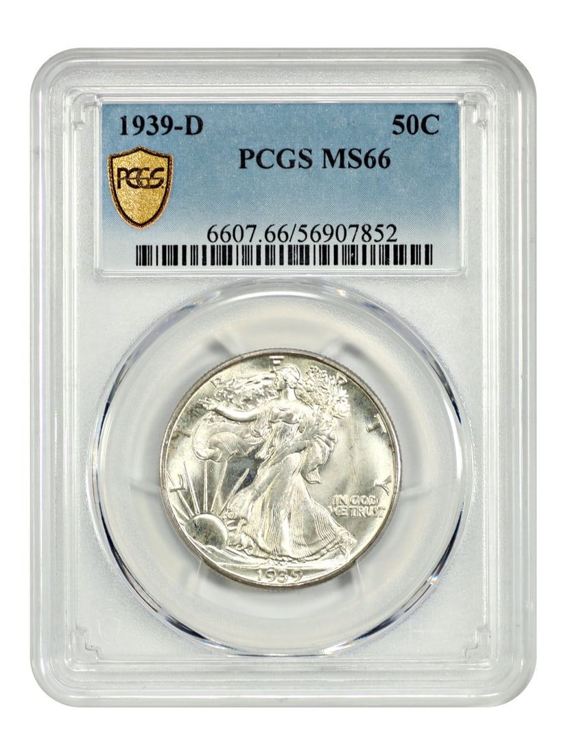 1939-D Walking Liberty Half Dollar PCGS MS66 Uncirculated: 1939-D Walking Liberty Half Dollar PCGS MS66 Uncirculated This 1939-D Walking Liberty Half Dollar is graded MS66 by PCGS, ensuring its exceptional quality and uncirculated condition. Minted in Denver,