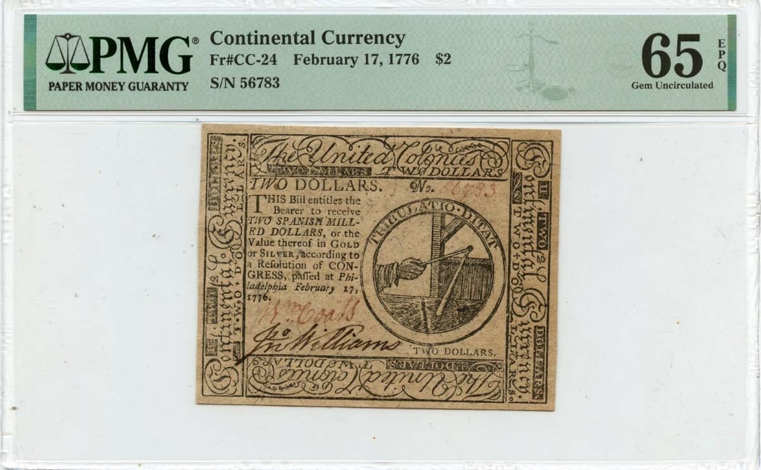 1776 $2 Continental Currency FR#CC-24 PMG MS65 Gem Uncirculated: 1776 $2 Continental Currency FR#CC-24 PMG MS65 Gem Uncirculated This $2 Continental Currency note, designated as FR#CC-24, is an exceptional piece graded as PMG Gem 65 EPQ. It is uncirculated, showcas