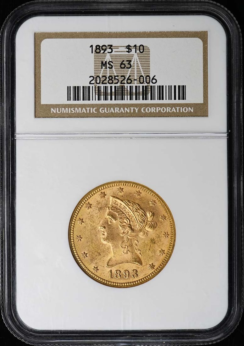 NGC MS63 1893 Liberty Head Eagle Ten Dollar Gold Coin: NGC MS63 1893 Liberty Head Eagle Ten Dollar Gold Coin This is an 1893 Liberty Head $10 gold coin, certified by NGC with a grade of MS63. The coin is uncirculated and was minted in Philadelphia. It is