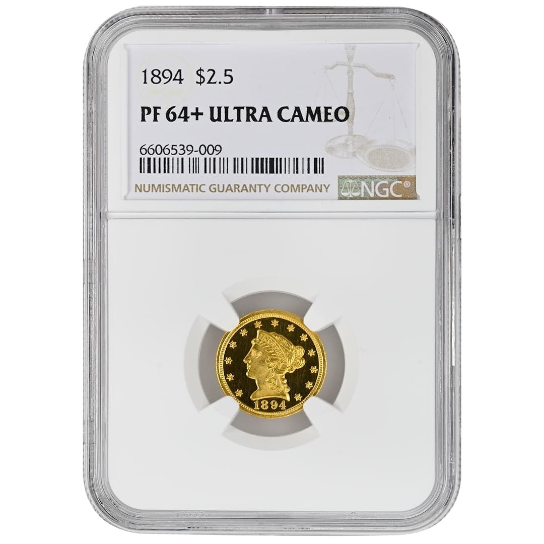 Proof 1894 $2.50 Gold Quarter Eagle NGC PF64 Plus Philadelphia Mint: Proof 1894 $2.50 Gold Quarter Eagle NGC PF64 Plus Philadelphia Mint This 1894 $2.50 Liberty Head coin is a rare proof specimen, certified by NGC with a PF64+ Ultra Cameo grade. Struck in gold at the P