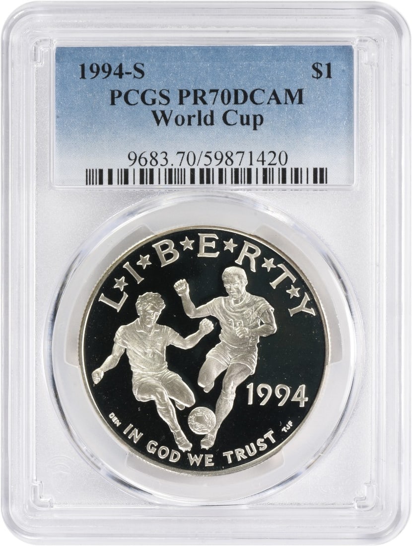 1994-S World Cup Silver Commemorative Dollar PR70DCAM PCGS Proof: 1994-S World Cup Silver Commemorative Dollar PR70DCAM PCGS Proof Celebrate the spirit of the 1994 FIFA World Cup with this stunning Silver Commemorative Dollar. Graded PR70DCAM by PCGS, this coin show
