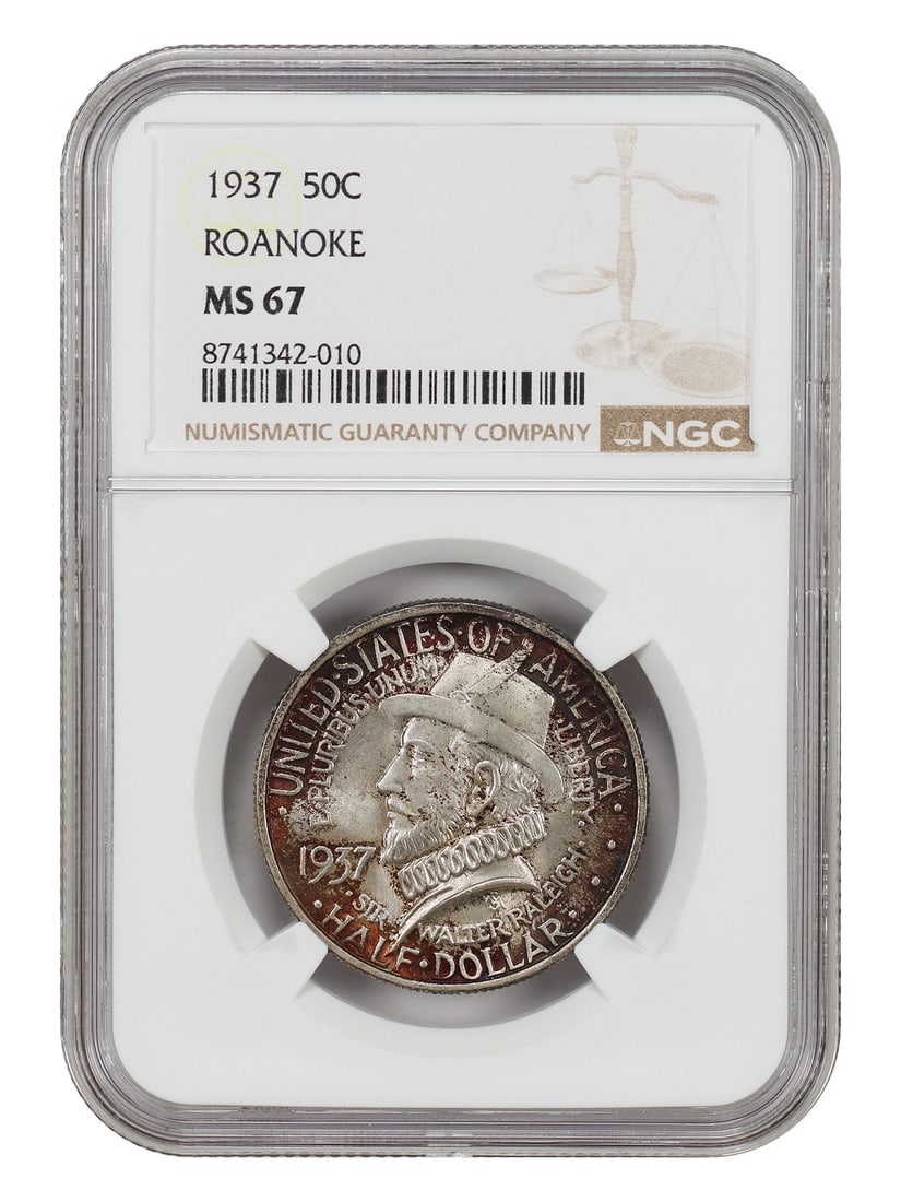 1937 Roanoke 50C NGC MS67 Classic Silver Commemorative Coin: 1937 Roanoke 50C NGC MS67 Classic Silver Commemorative Coin This 1937 Roanoke 50-cent Classic Silver Commemorative coin is certified by NGC as MS67 and remains in uncirculated condition. Issued to com