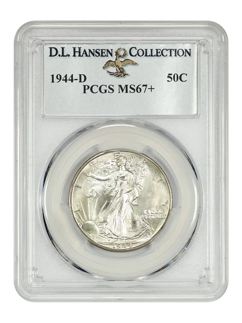 PCGS MS67+ 1944-D Walking Liberty Half Dollar ex D L Hansen: PCGS MS67+ 1944-D Walking Liberty Half Dollar ex D L Hansen This is a 1944-D Walking Liberty Half Dollar, graded MS67+ by PCGS and previously part of the D.L. Hansen collection. The coin is uncirculat