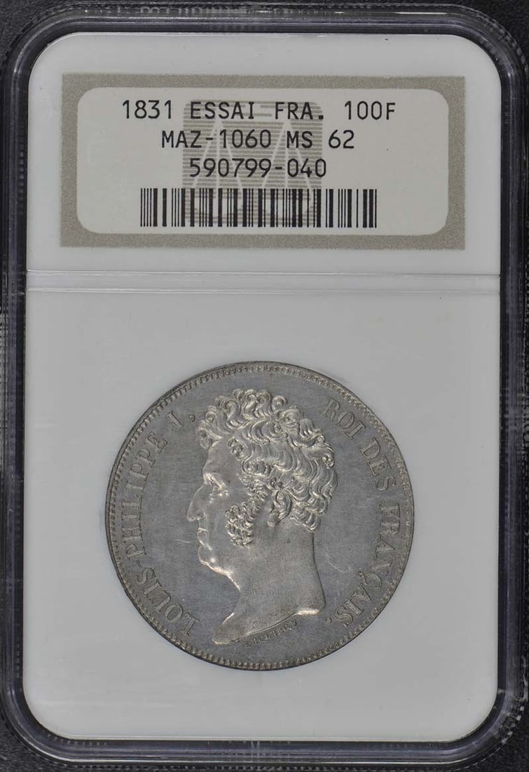 1831 France Essai 100F Maz-1060 NGC MS62 Uncirculated Coin: 1831 France Essai 100F Maz-1060 NGC MS62 Uncirculated Coin This stunning 1831 France Essai 100 Francs coin is a remarkable piece for collectors. It has been certified by NGC with a grade of MS62, indi