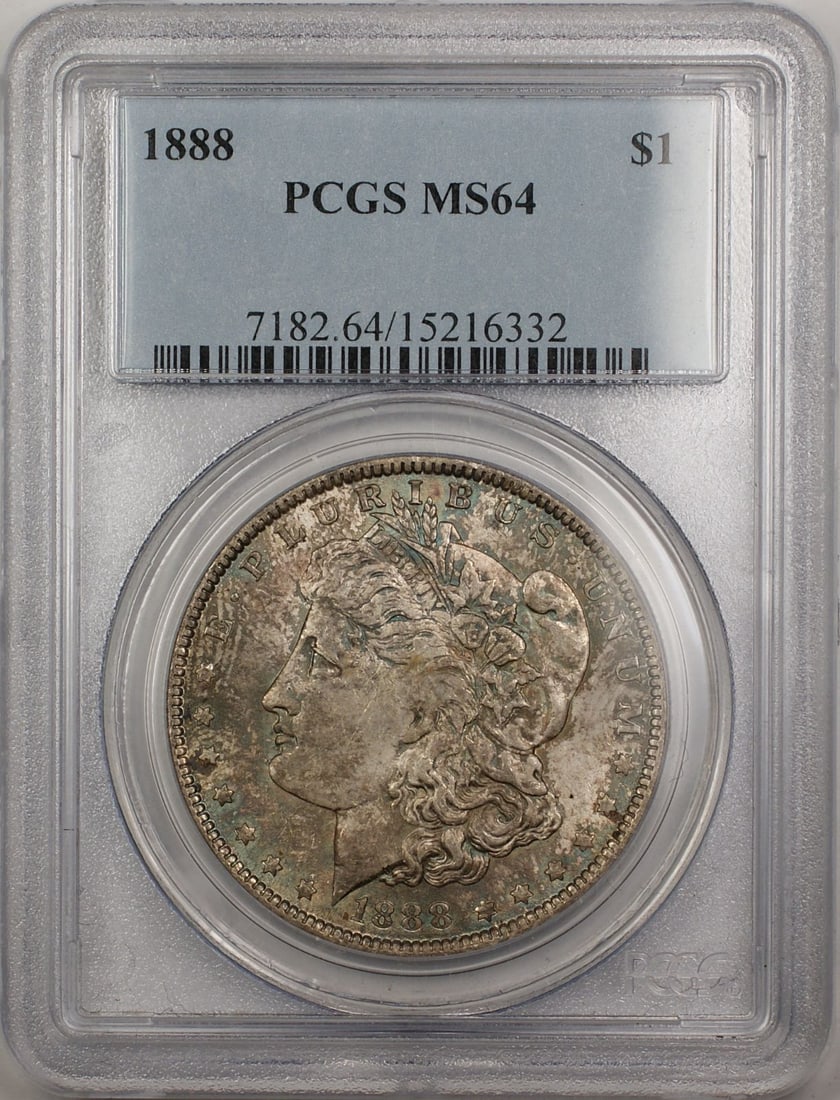 PCGS MS-64 1888 Philadelphia Morgan Silver Dollar Toned Uncirculated Coin: PCGS MS-64 1888 Philadelphia Morgan Silver Dollar Toned Uncirculated Coin This 1888 Morgan Silver Dollar is a $1 coin graded MS-64 by PCGS. Featuring attractive toning, it is composed of silver and wa