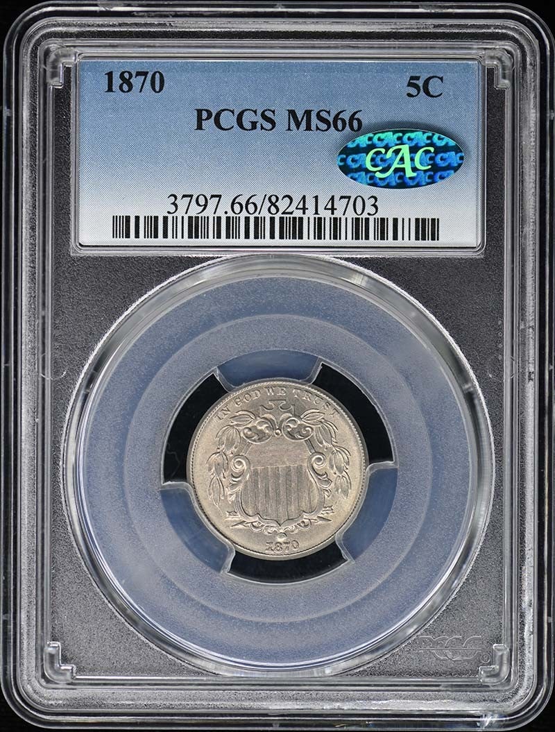 1870 Shield Nickel PCGS MS66 CAC Uncirculated Philadelphia Mint: 1870 Shield Nickel PCGS MS66 CAC Uncirculated Philadelphia Mint This 1870 Shield Nickel is certified by PCGS with a grade of MS66, indicating its exceptional uncirculated condition. Struck at the Phil