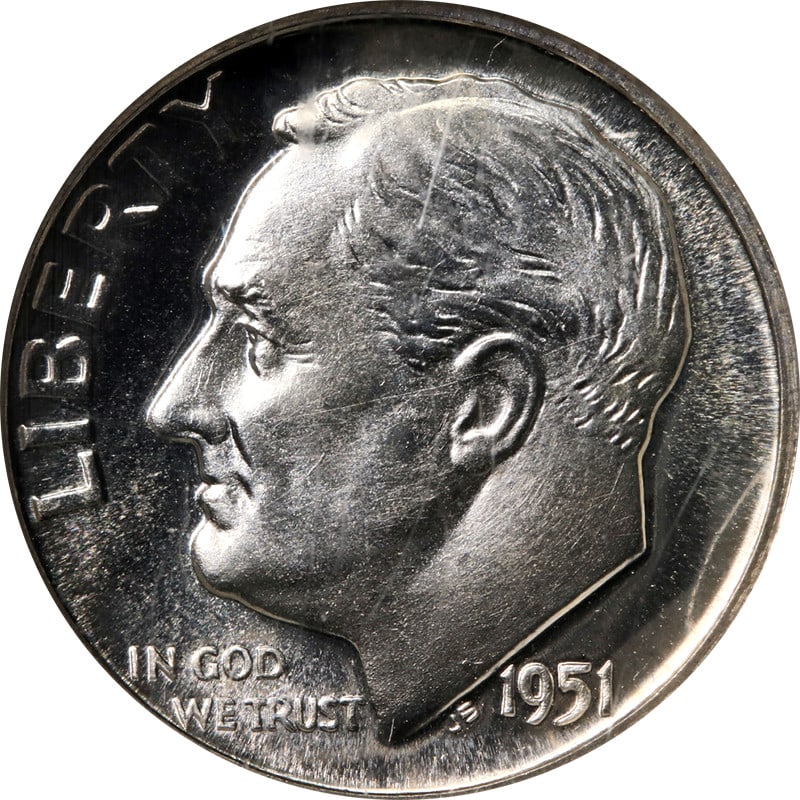 1951 Roosevelt Dime NGC PF68 Cameo Silver Uncirculated Coin: 1951 Roosevelt Dime NGC PF68 Cameo Silver Uncirculated Coin This 1951 Roosevelt Dime Proof displays superb eye appeal characterized by its fantastic luster and strong strike. Certified by NGC with a g