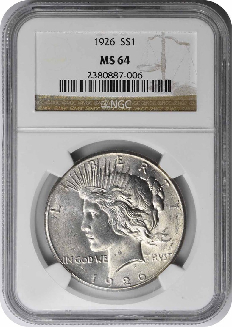 MS64 NGC Certified 1926 Peace Dollar Philadelphia 90 Percent Silver: MS64 NGC Certified 1926 Peace Dollar Philadelphia 90 Percent Silver This 1926 Peace Silver Dollar was minted in Philadelphia and is composed of 90% silver and 10% copper. Graded MS64 by NGC, it featur