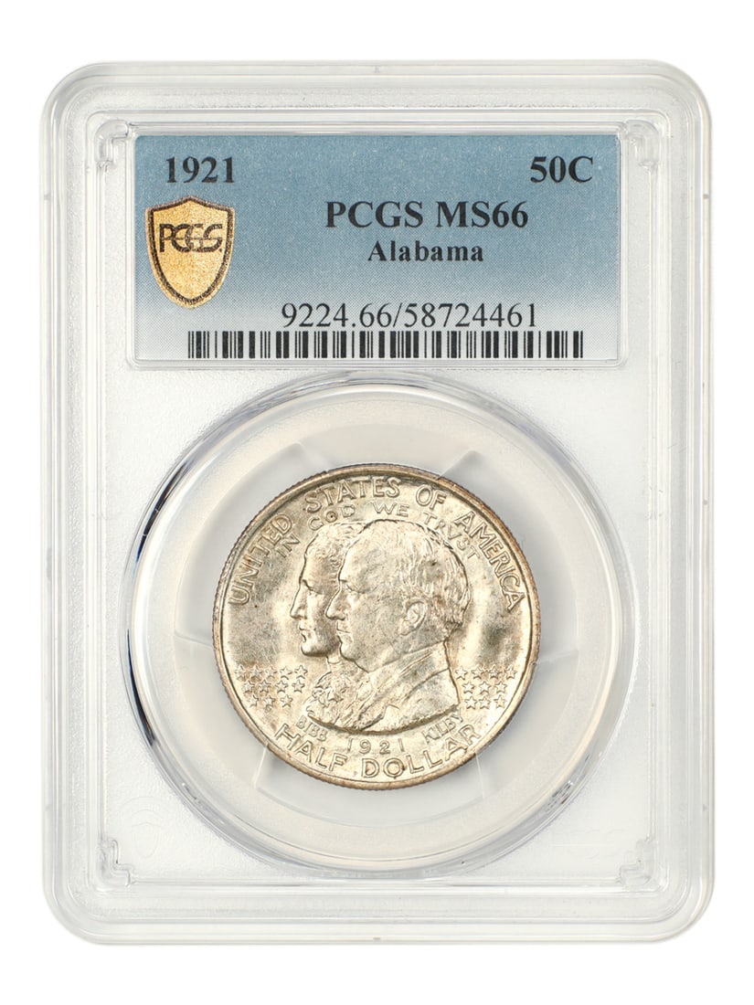 1921 Alabama Half Dollar PCGS MS66 Silver Commemorative Coin: 1921 Alabama Half Dollar PCGS MS66 Silver Commemorative Coin This 1921 Alabama 50C half dollar is a classic silver commemorative coin issued to celebrate the 100th anniversary of Alabama's statehood.