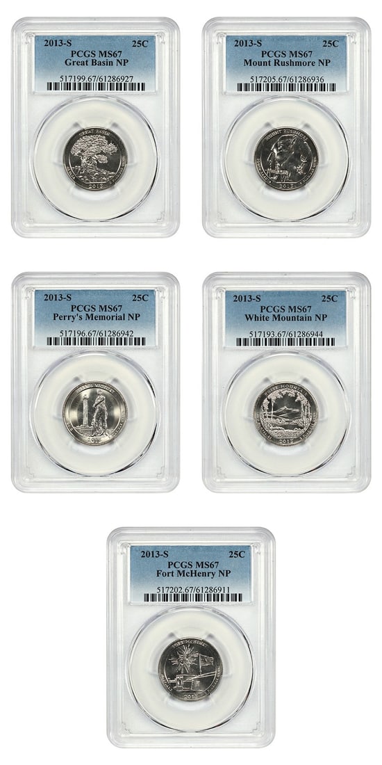 2013-S America The Beautiful Full Set 5 Coins PCGS MS67 Clad: 2013-S America The Beautiful Full Set 5 Coins PCGS MS67 Clad This 2013-S America The Beautiful Full Set features five uncirculated quarters, each graded MS67 by PCGS. Minted in San Francisco, this set
