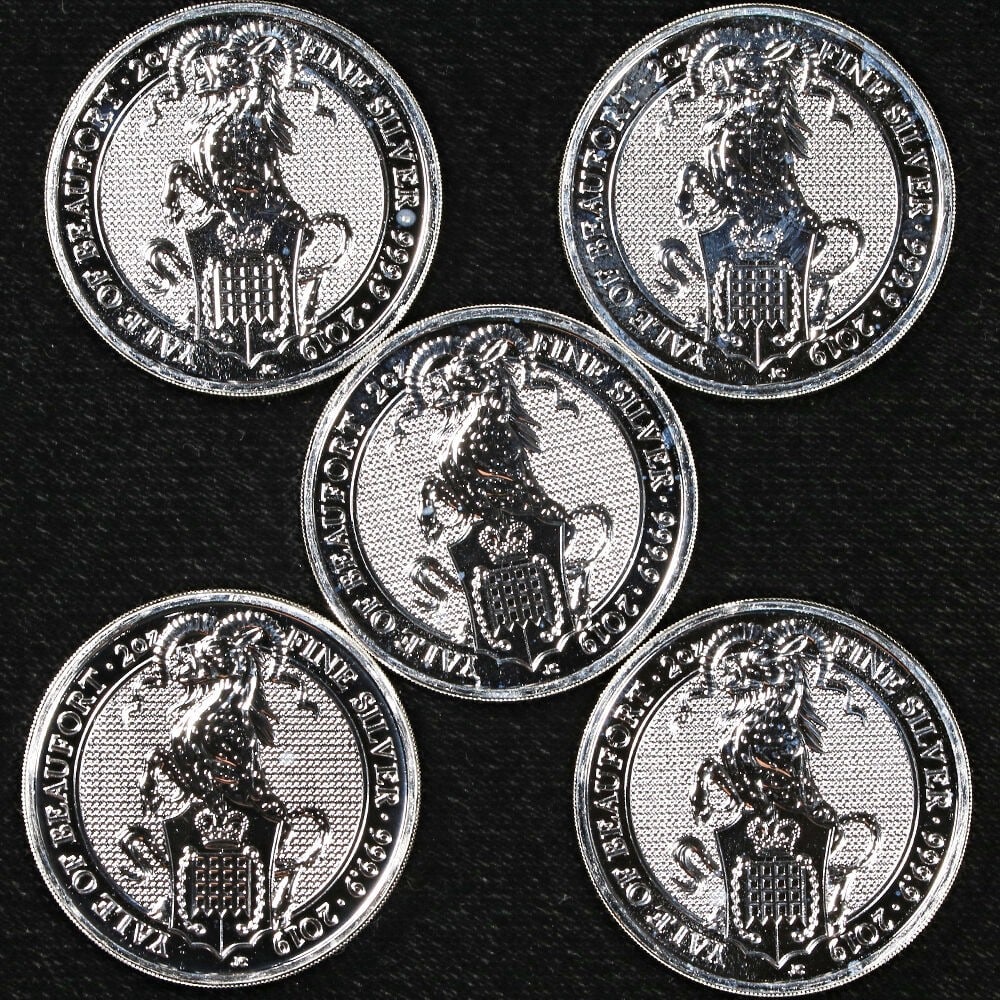 Five 2019 Silver 2 oz Yale of Beaufort Coins from Great Britain: Five 2019 Silver 2 oz Yale of Beaufort Coins from Great Britain This listing features a lot of five original 2019 Great Britain 2 Ounce Silver coins from the Queen's Beast Yale of Beaufort series. Eac
