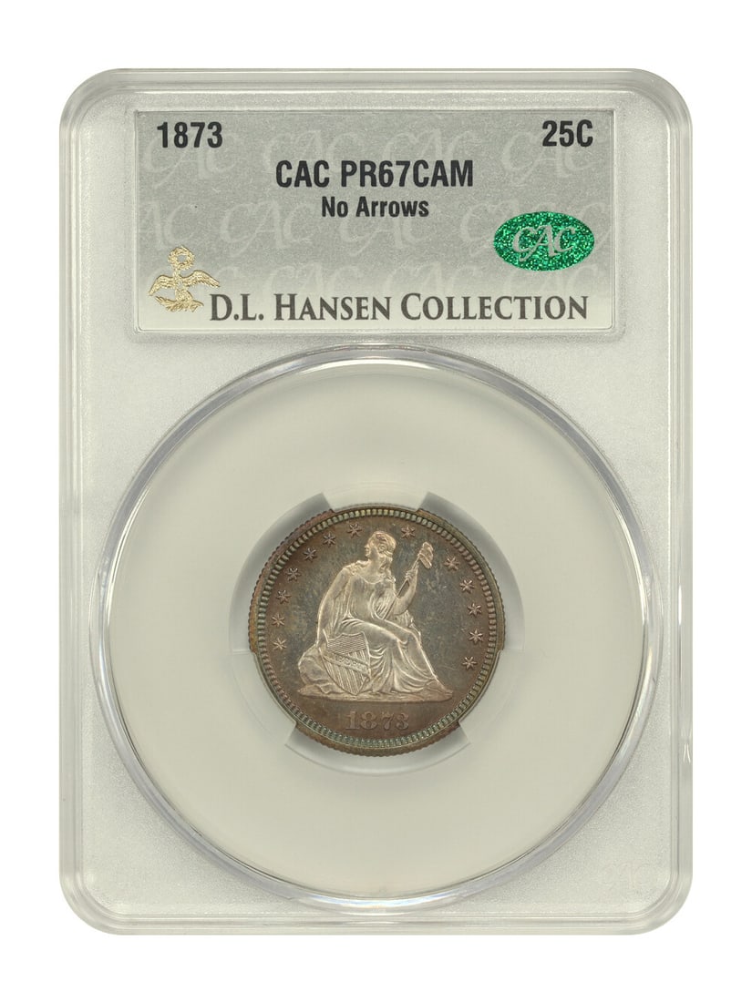 1873 Liberty Seated Quarter 25C CACG PR67CAM D.L. Hansen/Simpson: 1873 Liberty Seated Quarter 25C CACG PR67CAM D.L. Hansen/Simpson This 1873 25C Liberty Seated Quarter is a stunning example of numismatic excellence, graded PR67CAM by CACG. Struck at the Philadelphia
