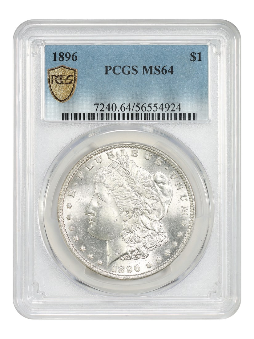 PCGS MS64 1896 Morgan Silver Dollar Uncirculated: PCGS MS64 1896 Morgan Silver Dollar Uncirculated This 1896 Morgan Dollar is certified by PCGS with a grade of MS64. Struck in Philadelphia, this uncirculated coin is part of the Morgan Dollar series a